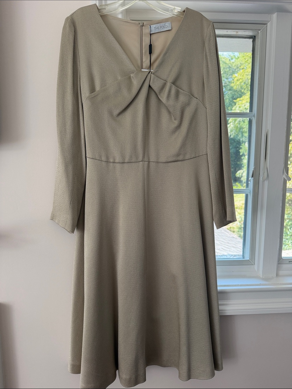 Taupe Twist-Front Midi Dress with Long Sleeves